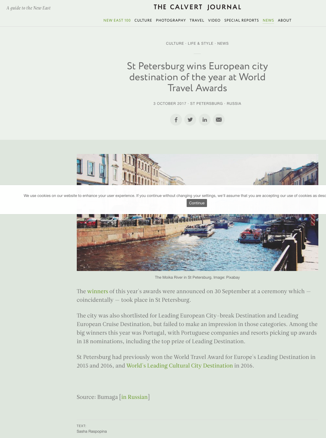 St Petersburg wins European city destination of the year at World Travel Awards